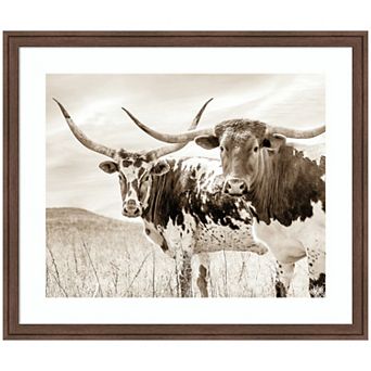 Sepia Texas Longhorn Cattle in Pasture by The Creative Bunch Studio Framed Wall Art Print