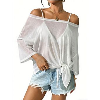Womens One Shoulder Oversize T Shirts Short Sleeve Knot Mesh Lightweight Vacation Summer Tops