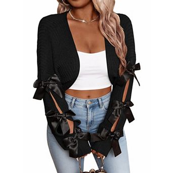 Women Open Front Cropped Knit Cardigan Long Sleeve Cutout Loose Casual Shrug Sweater