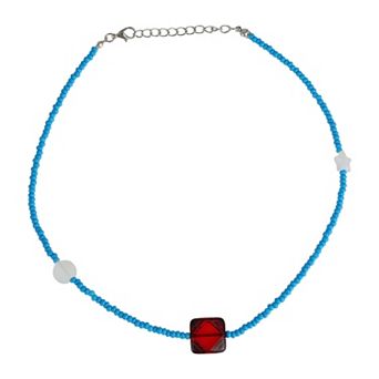 Square Beaded Necklace Blue Red 1 pc