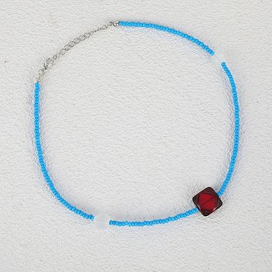 Square Beaded Necklace Blue Red 1Pc