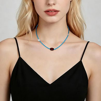 Square Beaded Necklace Blue Red 1Pc