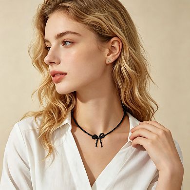 Bow Beaded Necklace Black 1Pc
