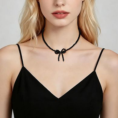 Bow Beaded Necklace Black 1Pc