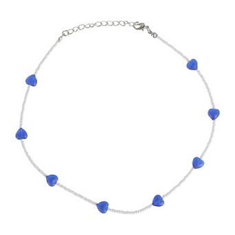 Heart Beaded Necklace White Blue 1 pc