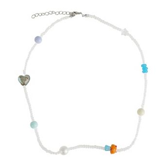 Heart and Mushroom Beaded Necklace Blue 1 pc