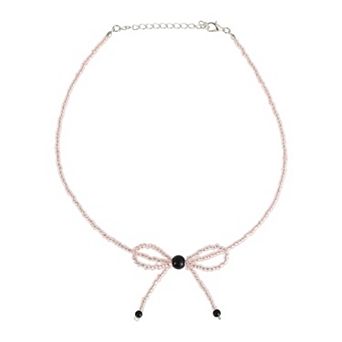 Bow Beaded Necklace Pink Black 1 pc