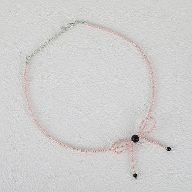 Bow Beaded Necklace Pink Black 1Pc