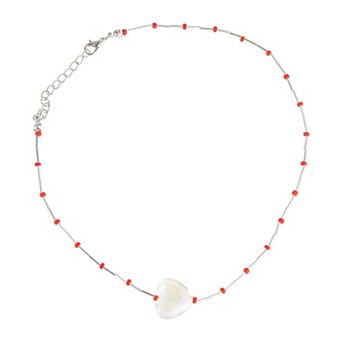 Shell Heart Beaded Necklace White Red 1 pc