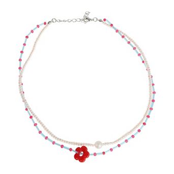 Flower Beaded Necklace Blue Red 1 pc