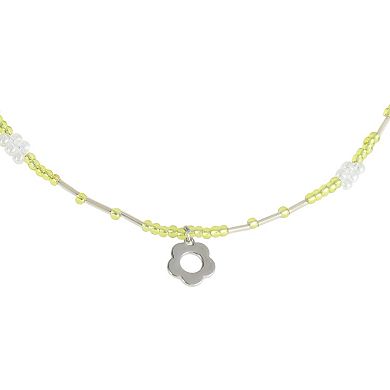 Flower Beaded Necklace Green 1Pc