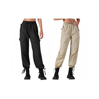 2 Packs Women's Cargo Pants with Pockets Lightweight High Waist Elastic Drawstring Wide Leg Trousers