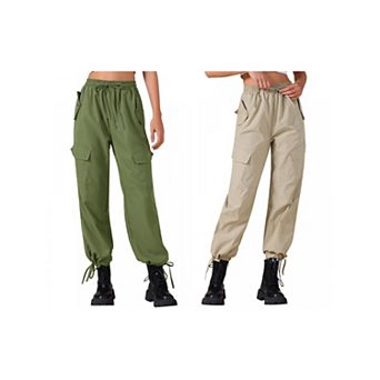 2 Packs Women's Cargo Pants with Pockets Lightweight High Waist Elastic Drawstring Wide Leg Trousers