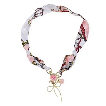 Bow Scarf Necklace with Charm Adjustable Tie Statement Choker for Women Pink White 1 pc