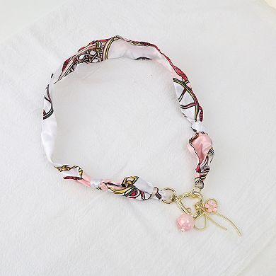 Bow Scarf Necklace with Charm Adjustable Tie Statement Choker for Women Pink White 1 Pc