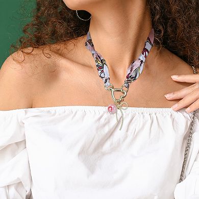 Bow Scarf Necklace with Charm Adjustable Tie Statement Choker for Women Pink White 1 Pc