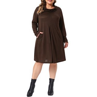 Women's Plus Size Cowl Neck Long Sleeve Knit Shift Dress with Side Pockets