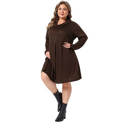 Women's Plus Size Cowl Neck Long Sleeve Knit Shift Dress with Side Pockets
