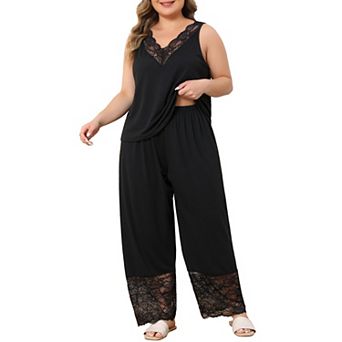 Women's Plus Size Lace V Neck Sleeveless Top & Wide Leg Pants 2 pc Loungewear Pajama Set