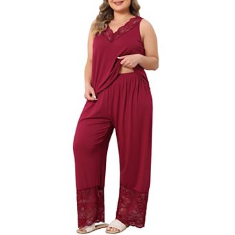Women's Plus Size Lace V Neck Sleeveless Top & Wide Leg Pants 2 pc Loungewear Pajama Set