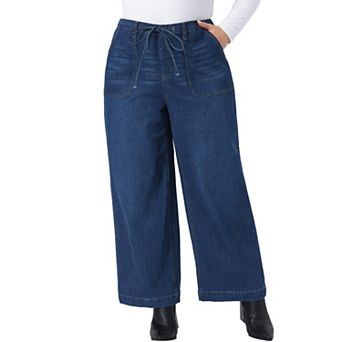Women's Plus Size Wide Leg Jeans Elastic Back Waistband Patch Pocket Denim Pants