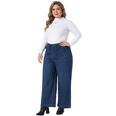 Women's Plus Size Wide Leg Jeans Elastic Back Waistband Patch Pocket Denim Pants