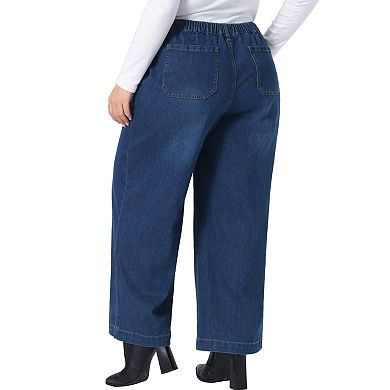 Women's Plus Size Wide Leg Jeans Elastic Back Waistband Patch Pocket Denim Pants