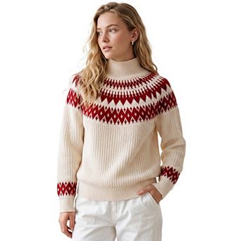 Women's Fair Isle Sweater Vintage Mock Neck Long Sleeves Argyle Pattern Ribbed Pullover Jumper Tops
