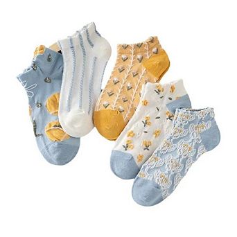 5 Pairs Women's No Show Socks Vintage Floral Design Cotton Short Socks