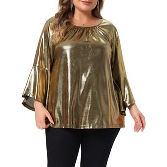 Women's Plus Size Metallic Top Round Neck 3/4 Bell Sleeve Front Pleated Club Shiny Party Tops