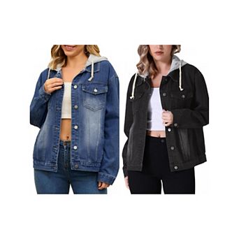 2 Packs Women's Denim Jackets with Hood Distressed Long Sleeve Button Down Detachable Hoodie Jacket