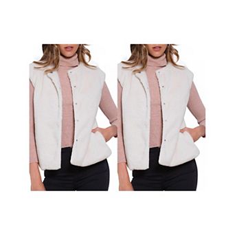 2 Packs Faux Fur Vest for Women's Button Down Sleeveless Open Front Winter Vests Jacket