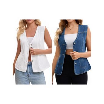 2 Packs Women's Denim Vest V Neck Patch Pockets Button Down Sleeveless Jean Jacket