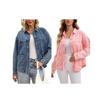 2 Packs Women's Denim Jacket Long Sleeve Button Down Casual Western Shacket with Pockets