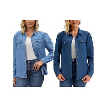 2 Packs Women's Denim Shirt Puffy Long Sleeve Button Down Shirts with Pocket Work Blouses Jean Top