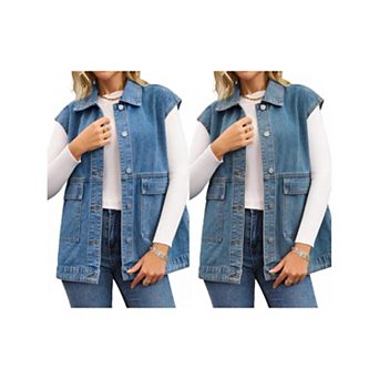 2 Packs Women's Oversized Denim Vest Collared Button Down Sleeveless Long Jean Jacket