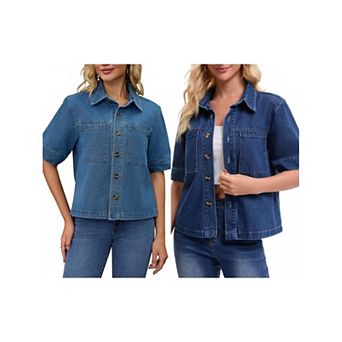 2 Packs Women's Short Sleeve Denim Jacket Button Down Boxy Shirt Tops Casual Jean Jackets