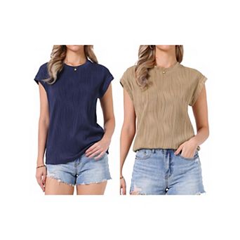 2 Packs Summer Textured Top for Women's Cap Sleeve Crew Neck Solid Knit Casual Basic Sweater Tops