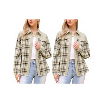 2 Packs Corduroy Jacket for Women's Flannel Shacket Plaid Button Down Shirts Casual Jackets