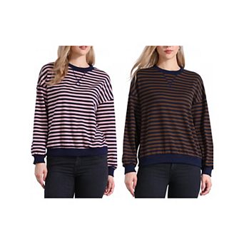 2 Packs Women's Striped Crewneck Sweatshirt Comfortable Long Sleeve Casual Pullover Top