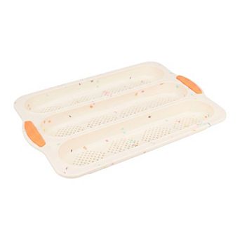 Baking Pan 3-Loaf, Speckled Ventilated Silicone Tray with Orange Side Handles