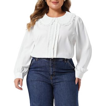 Women's Plus Size Lace Trim Peter Pan Collar Long Sleeve Blouse