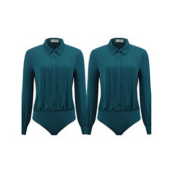 2 Packs Women's Long Sleeve Bodysuits Work Button Up Shirt Body Suit