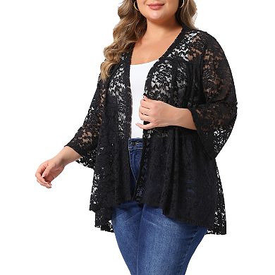 Women's Plus Size Lace Cardigans Open Front 3/4 Bell Sleeve Front Pleated Sheer Lace Formal Shrugs