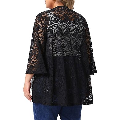 Women's Plus Size Lace Cardigans Open Front 3/4 Bell Sleeve Front Pleated Sheer Lace Formal Shrugs