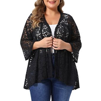 Women's Plus Size Lace Cardigans Open Front 3/4 Bell Sleeve Front Pleated Sheer Lace Formal Shrugs