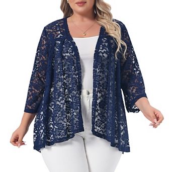 Women's Plus Size Lace Cardigans Open Front 3/4 Bell Sleeve Front Pleated Sheer Lace Formal Shrugs