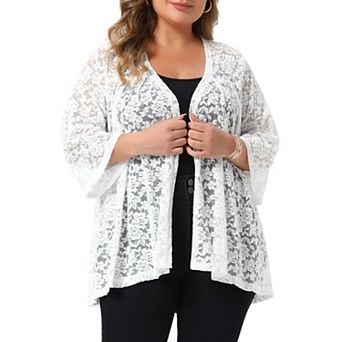Women's Plus Size Lace Cardigans Open Front 3/4 Bell Sleeve Front Pleated Sheer Lace Formal Shrugs