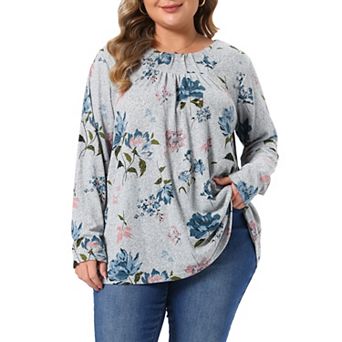 Women's Plus Size Floral Long Sleeve Crew Neck Pleated Soft Knit Blouse
