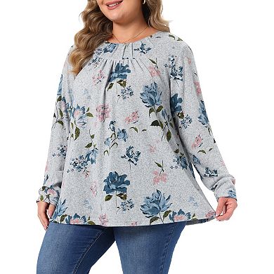 Women's Plus Size Floral Long Sleeve Crew Neck Pleated Soft Knit Blouse
